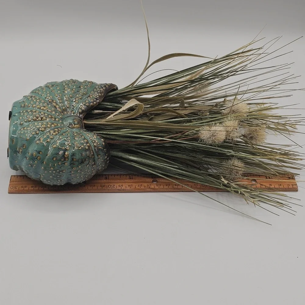 Nautilus Shell Ceramic Vase Teal Blue‎ Faux Grass Floral Arrangement Coastal